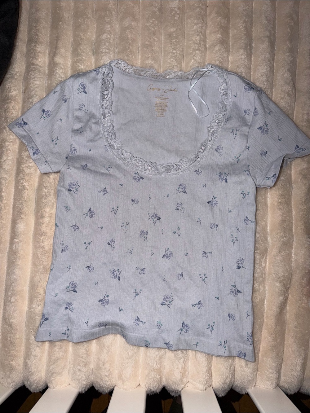 Light Blue Floral Lace-Trim Crop Top